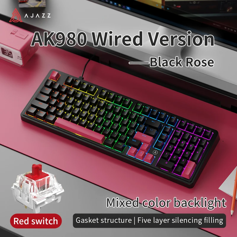 AJAZZ AK980 Mechanisch toetsenbord Hot-swappable Rode schakelaars Retro/zwart/rood Bedrade versie Vijf lagen Stille vulling Backlit
