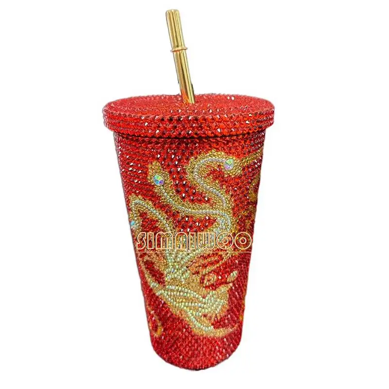 Dragon Phoenix Bling-bling Crystal Straw Cup Stainless Steel Vaccum Handcraft Rhinestone Art Chinese Style Wedding DIY Gift