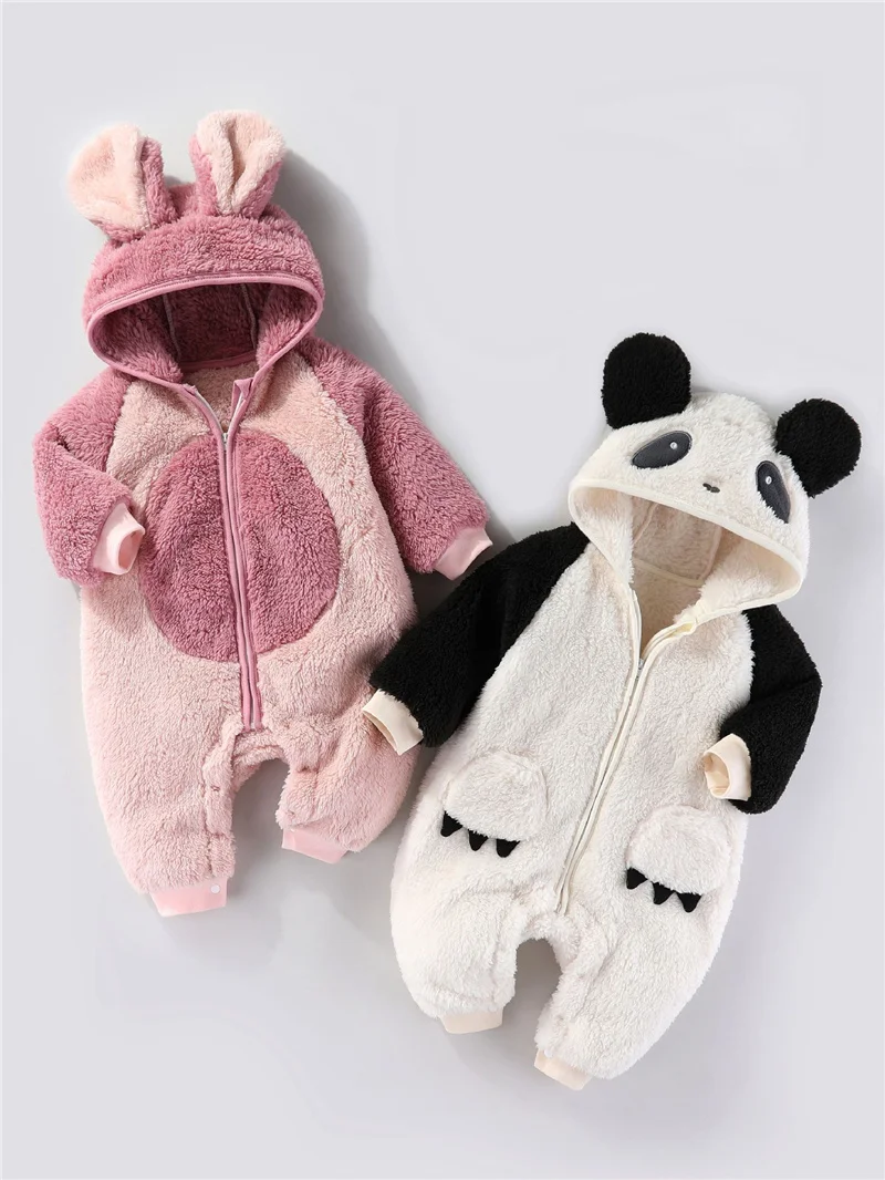 Winter Baby Fleece Rompers Boys Girls Cartoon Thicken Plus Velvet Warm Jumpsuits Infant Zipper Hooded One-piece 0-2 Years