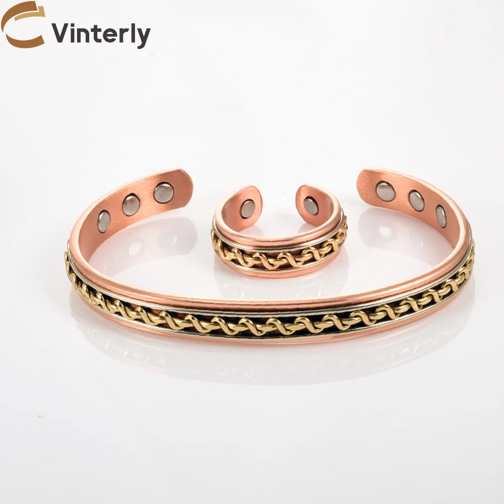 

Vinterly Twisted Magnetic Pure Copper Jewelry-Set Adjustable Bracelet Ring Magnet Resizable Health Jewelry Braided Snake Pattern