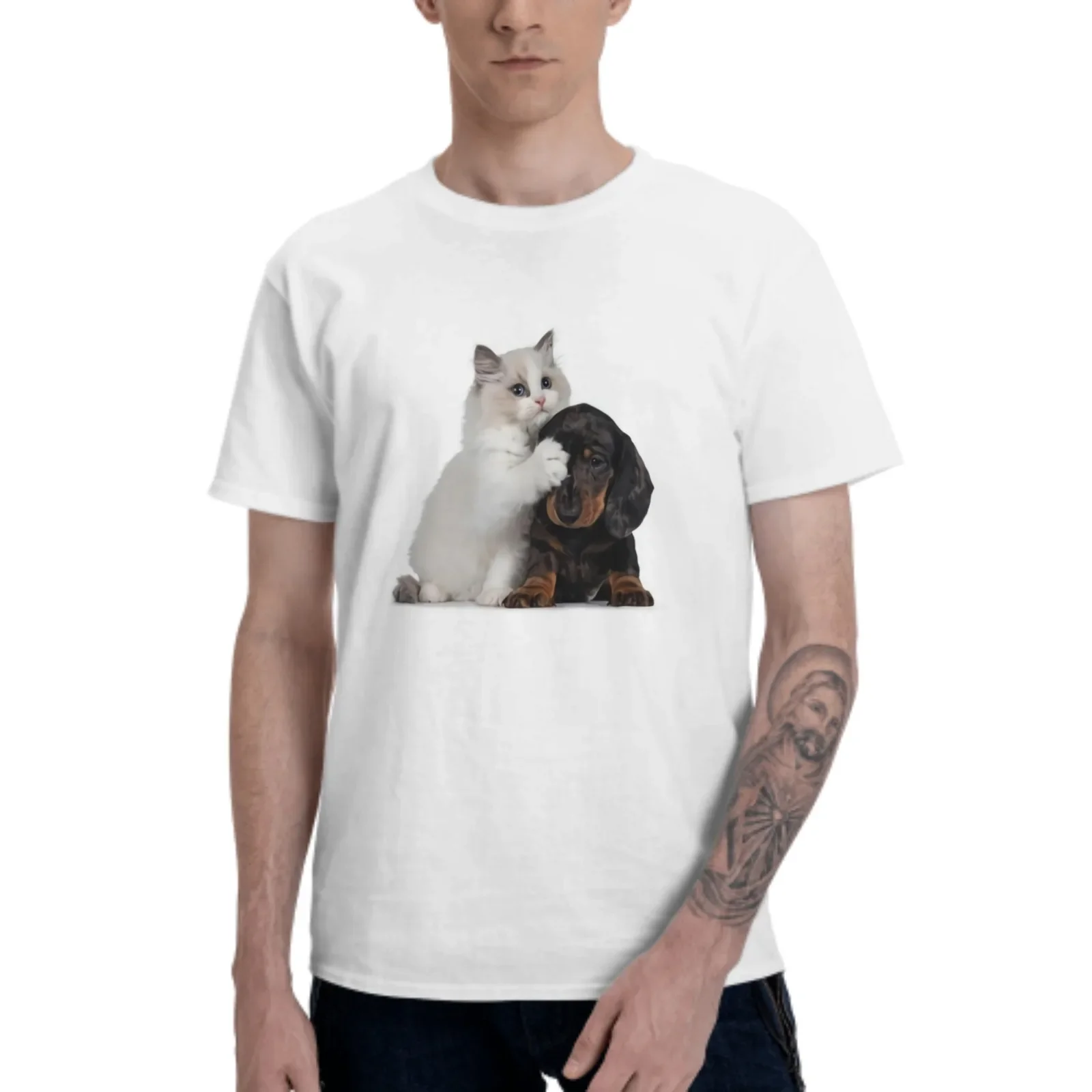 Dog Cat Men's Short-Sleeved 100% Cotton Unisex Fashion Casual Summer Tops Round Collar T-Shirts Animal Black White Tees