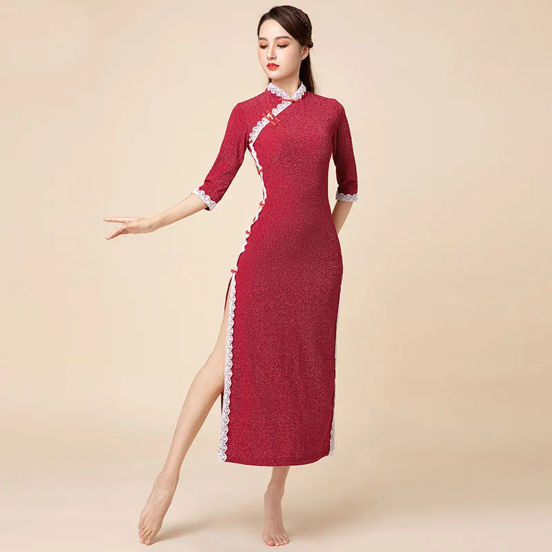 Chinese Cheongsam Dance Dress Slit Lace Stand-up Collar Oriental Classical Clothing Long Modern Dress Women Latin Dance Wear