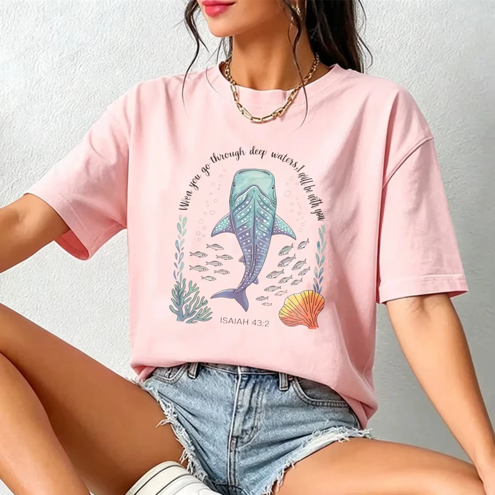Watercolor Whale Isaiah 43:2 Bible Verse Coral Seaweed Cotton Tee Faith Beach Floral Graphic Casual Tops Christian Ocean T-shirt