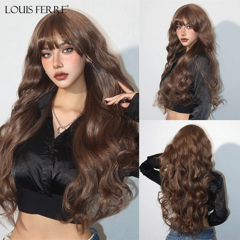 

LOUIS FERRE Natural Brown Fake Hair Long Wavy Curly Synthetic Wigs With Bangs For Women Daily Use Heat Resistant Fibre Hair Wig