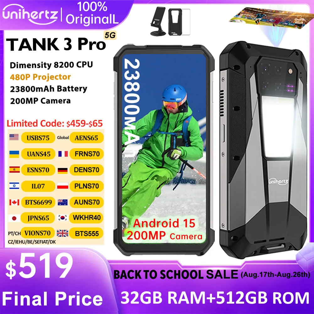 Unihertz Tank 3 Pro 8849 Robustes Smartphone Android 5G mit 100-Lumen-Projektor 32/36GB 512GB 23800mAh Wasserdicht 200MP Kameras