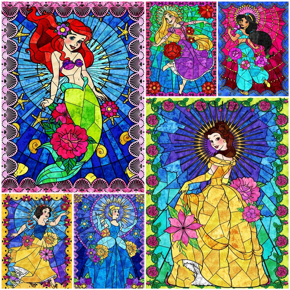 Disney Stained Glass Diamond Painting Princess Craft Kit Embroidery Cartoon Ariel DIY Hobby Mosaic Jasmine 30*40cm Handmade Gift