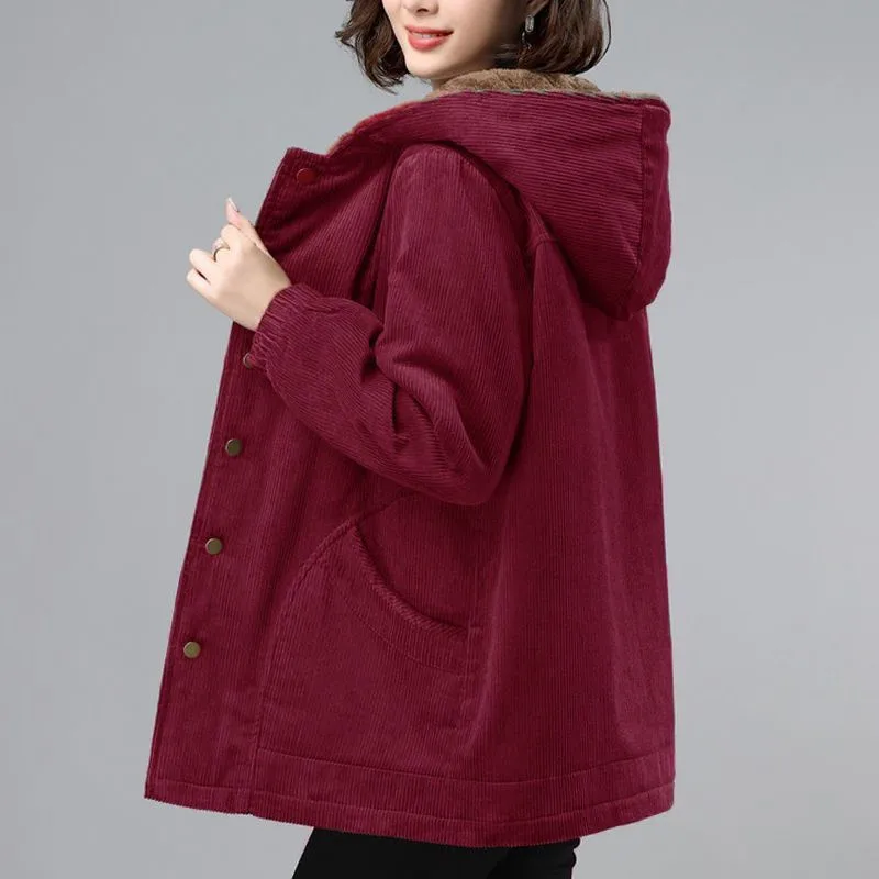 

Mother Women's Corduroy Jacket Plus Velvet Warm Cotton Padded Coat 2025 Winter New Female Middle-aged Casual Coat Loose Overcoat