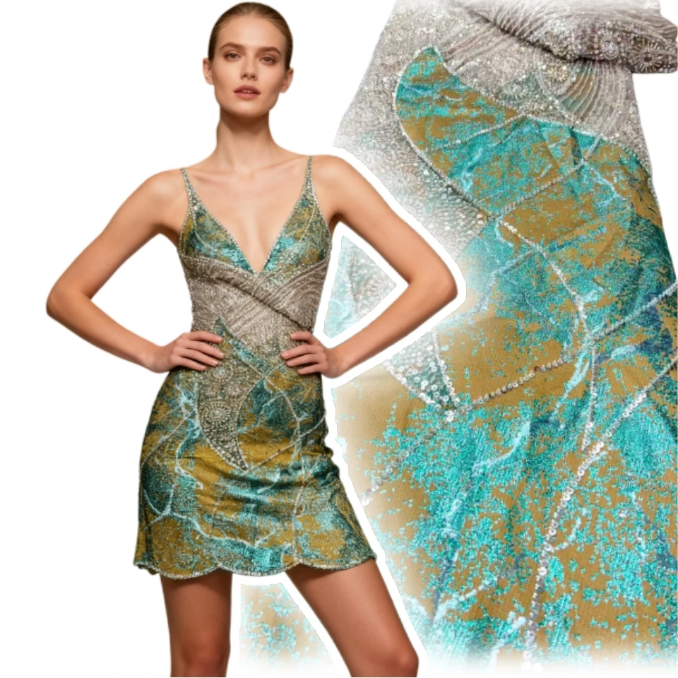 

2025 French Nigerian High End Tulle Lace Fabric with Beads Sequins Mesh for Embroiderg Wedding Party Bride Sewing Dress SZ1831