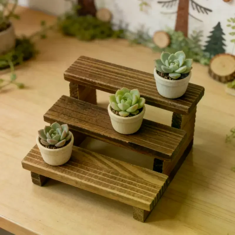 Dollhouse Simulation Wooden Three-layered Shelf Dollhouse Miniature Garden Flower Stand Model Dolls House Decor Accessories 2Pcs