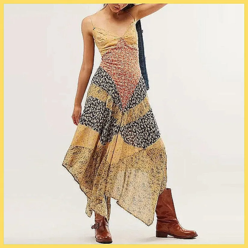 Vintage Backless V-Neck Sleeveless Long Dress, Elegant Pleated Print Party Dress for Women