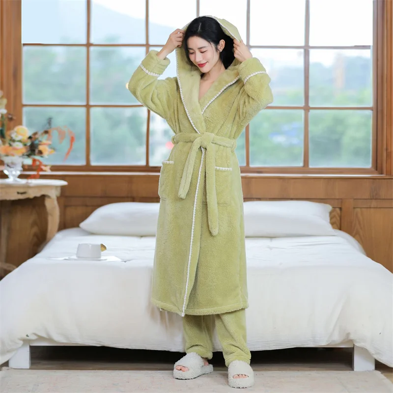 Women New Autumn Winter Nightgown Thicken Warm Flannel Robes Long Sleeve Hooded Sweet Cute Comfortable Home wear