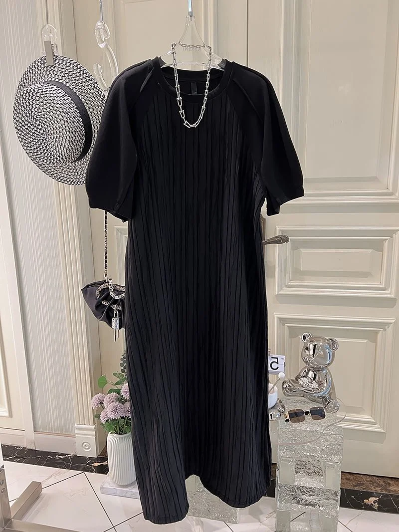 

Летнее платье больших размеров для женщин, пэчворк, плиссированное, с коротким рукавом, длинное, повседневное, в корейском стиле, прямого кроя, макси-платье