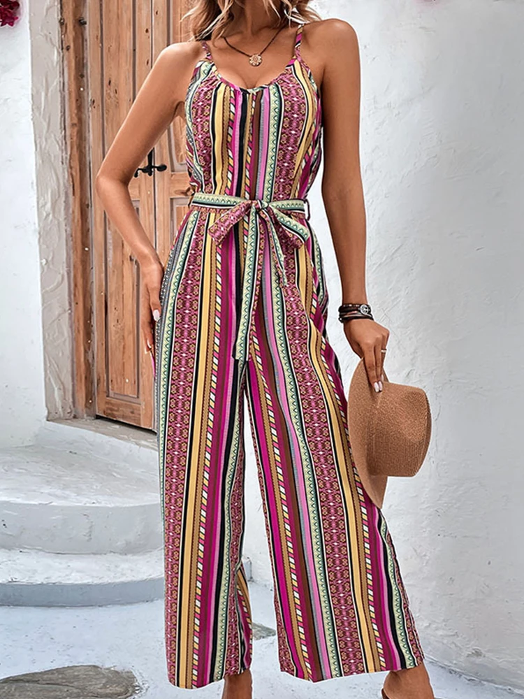 Negendelige Jumpsuit Bedrukte Streepband Met Wijde Pijpen 2023 Zomer Europa En Amerika Sexy Retro Bohemian Losse Casual Dameskleding