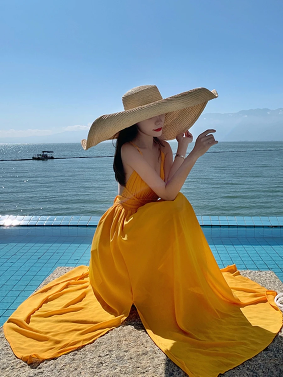 Seaside Vacation Immortal Chiffon Dress Slimming Yellow Sexy Big Backless Sanya Bali Tourism Beach Skirt