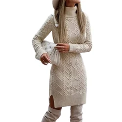 Winter Women Sweater Dress Solid Color High Collar Sun Dress Casual Knitted Tunic Dresses Cold Weather Clothes Vestido Feminino