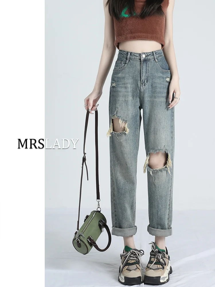 

High Waist Distressed Straight Leg Harem Jeans Women's Summer Loose Fit Denim Pants Torn Hole Mom Jeans Slimming Effect