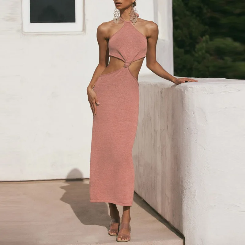 New Women's Hanging Neck Hollow dress European and American Summer New Solid Color Sexy Leaky Back Dress