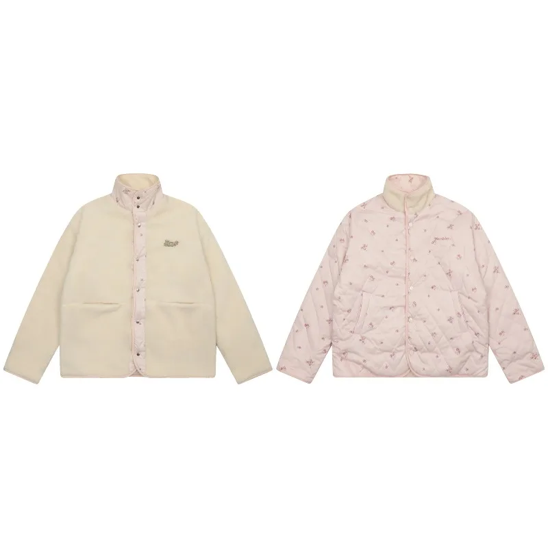

Double-sided Wear Furry Jackets Fluffy Loose Pink Flower Print Faux Fur Jacket Single Breasted Plush Coat Faux Lamb Thick Luxury
