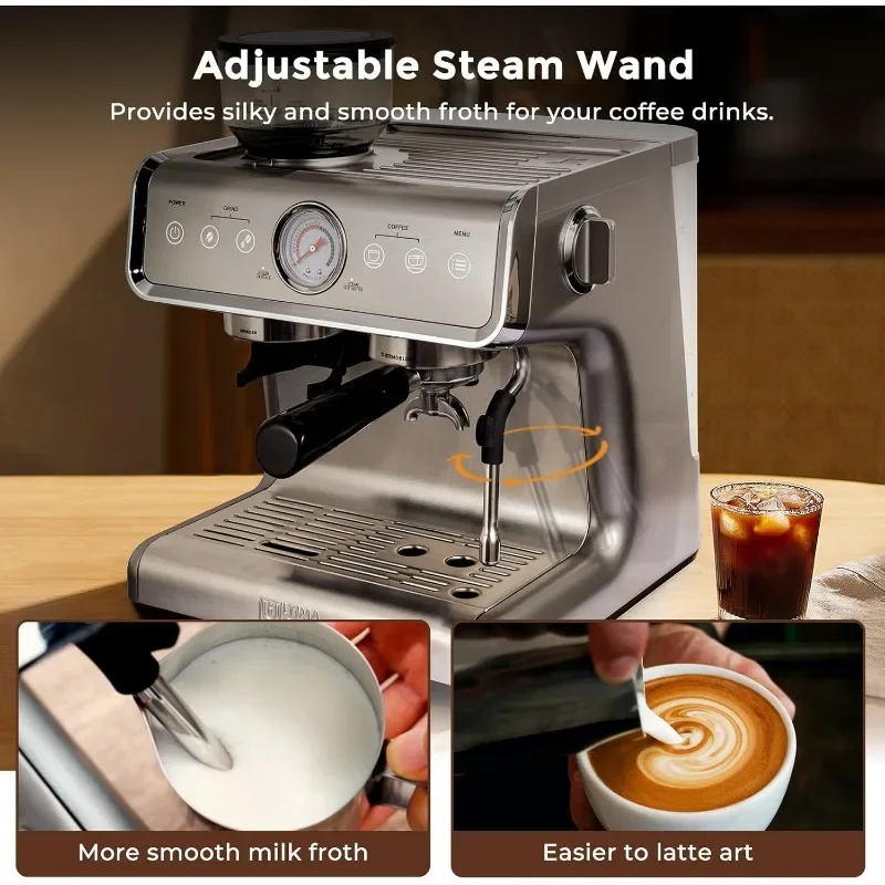 Espresso Machine With Grinder, Professional Espresso Maker With Milk Frother Steam Wand