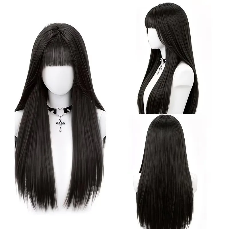 Black 28 inch straight hair, natural long wig for female students, easy to wear, upgraded