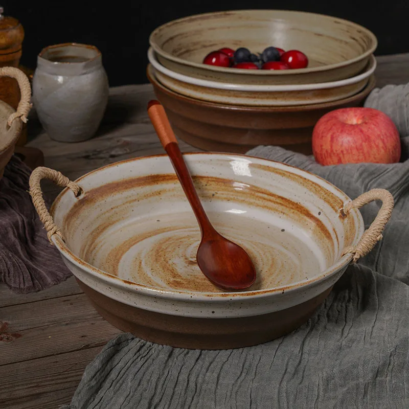 Japanese rustic pottery rope handle large deep soup plate retro tableware for home