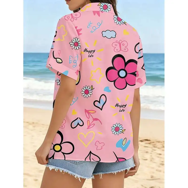 Women's Casual Button-Up Shirt Short-Sleeve All-Over Print Colorful Hearts Flowers Cute Patterns Machine Washable Stylish