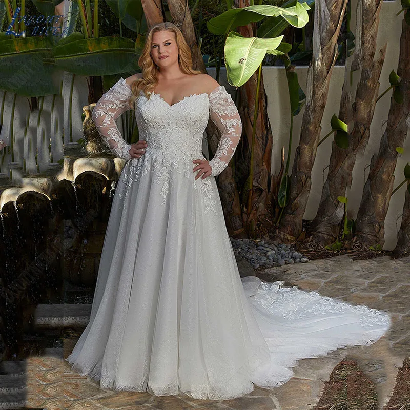 LAYOUT NICEB Vestidos De Casamento Plus Size Mulheres Fora Do Ombro Glitter Mangas Compridas Lace Apliques Vestido De Noiva Vestidos Novias Boda Vestidos de noiva plus size para mulheres sem ombro  Vestidos de noiva co