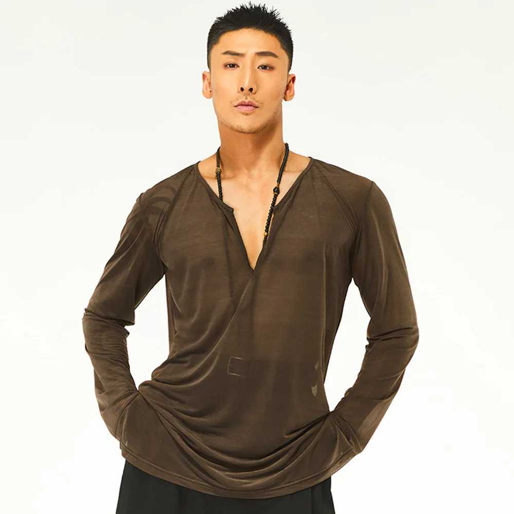 Multiple Colors Latin Dance Top Men Long Sleeve V-Neck T-Shirt Samba Dancing Competition Practice Clothes Male Dacer Wear VDL807