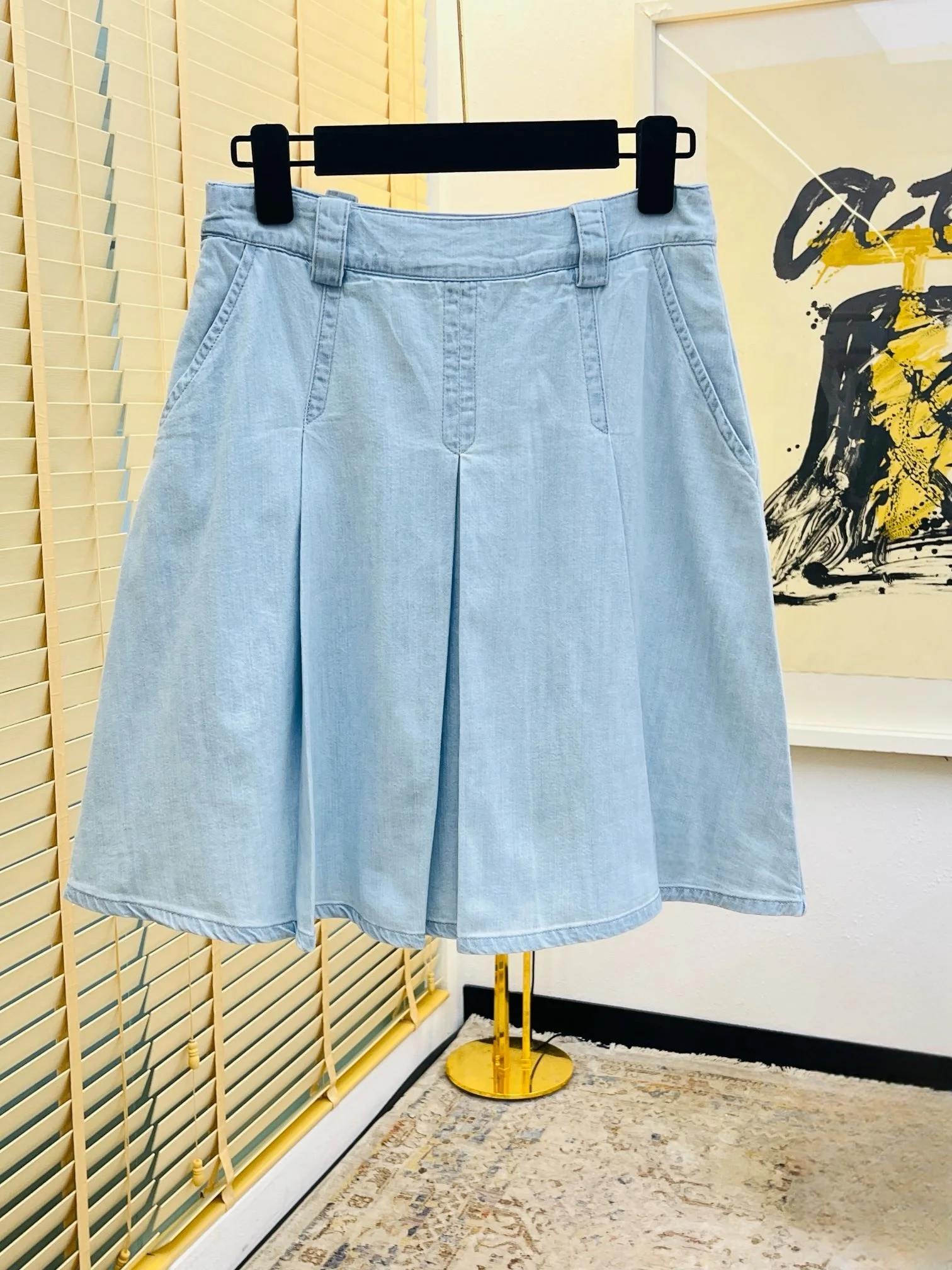 

2024 Spring/Summer New Light Blue Low Waist Pleated Letter Jacquard Soft Denim Mid length Skirt for Women