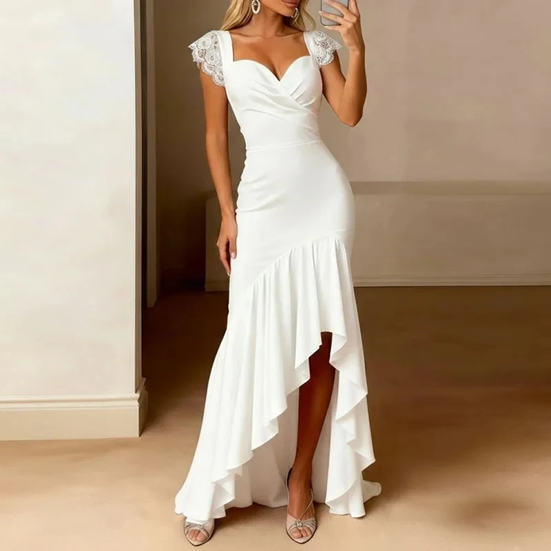 

Temperament Sleeveless Halter Women Banquet Dress Trendy Lace Spliced Slim Evening Dress Elegant Pure Irregular Party Maxi Dress