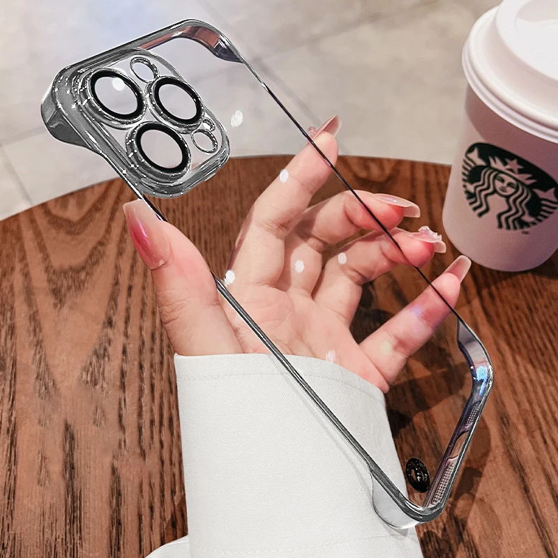 럭셔리 도금 초박형 테두리 없는 휴대폰 케이스, 아이폰 11 12 13 14 15 프로 맥스 15 플러스용 투명 케이스, 충격 방지 투명 커버