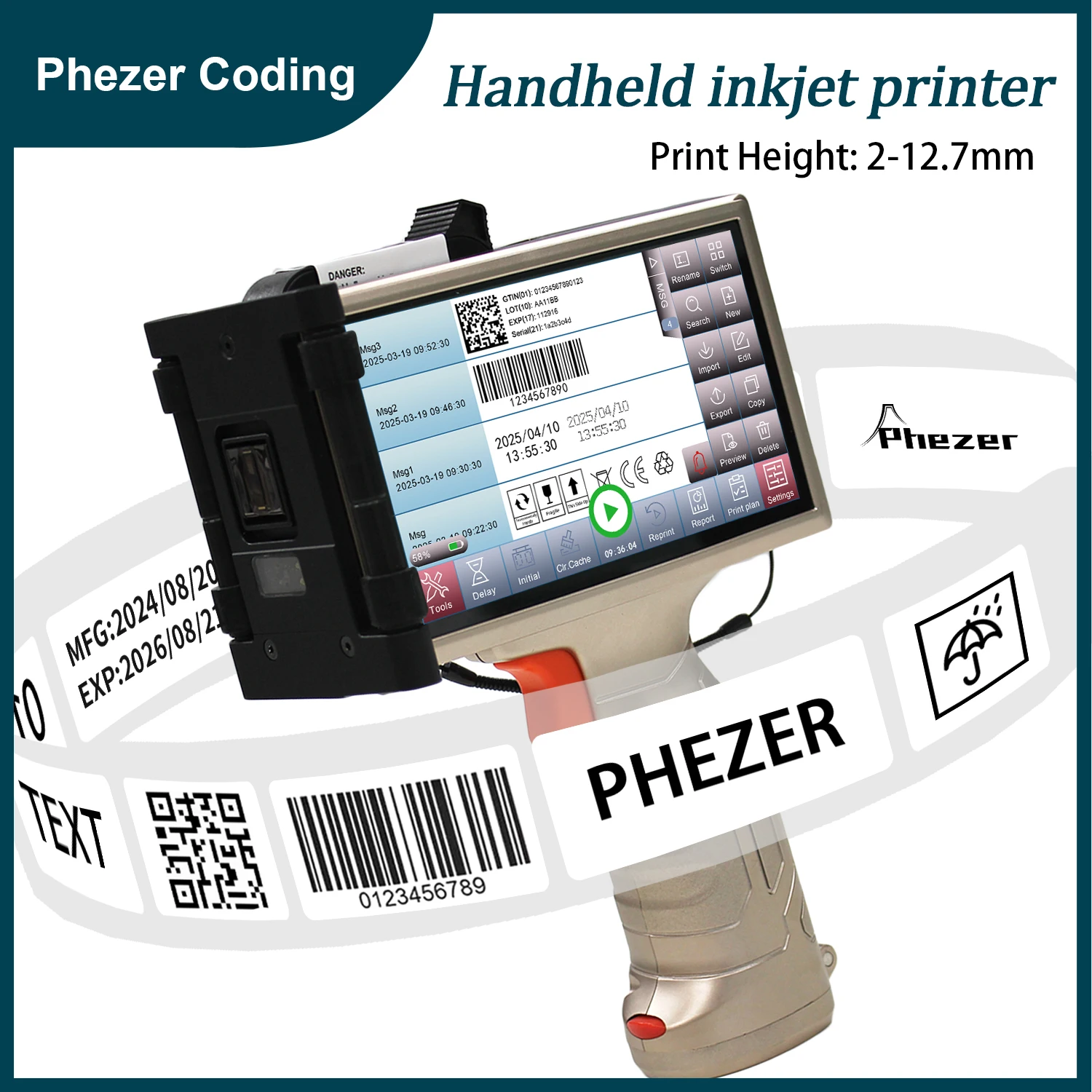 

Новый ручной струйный принтер Phezer 2025 PRX-800 для 28 языков QR-бар, код партии, дата, номер, логотип, дата, кодировочная машина
