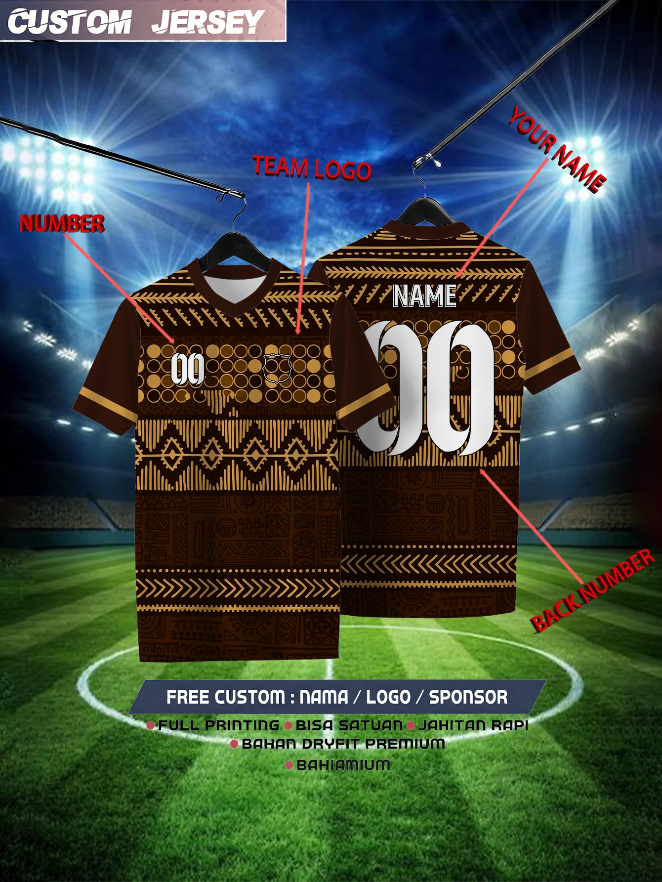 

Customized Geometric Brown Short Sleeved Shirt with Team Name, Emblem, Name and Number, Outdoor Sports Short Sleeved T-shirt