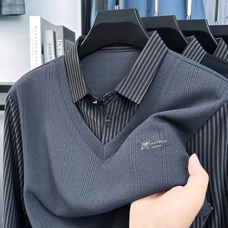 

High end men's shirt collar sweater Spring Autumn fashion brand letter print new business casual lapel long sleeve polo shirt