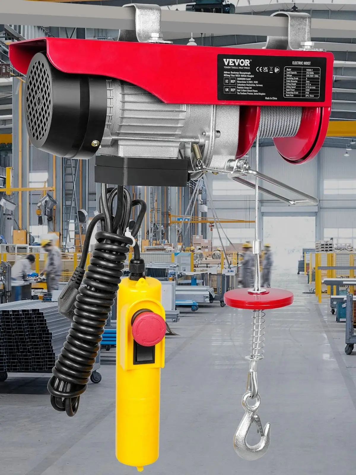 SucceBuy 550lbs/250kg Elektrische Takel Draagbare Lifter Staaldraad Lier met 14ft Bedrade Afstandsbediening voor Garage Magazijn - afbeelding 2
