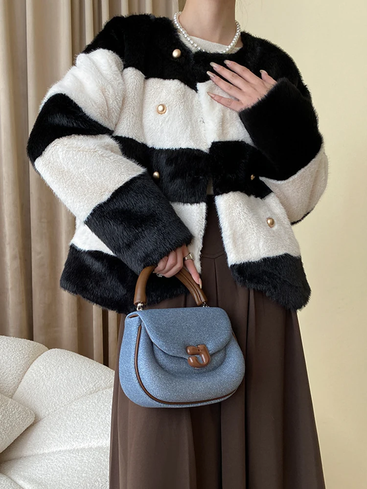 Color-block Stripe Big Size Warm Faux Fur Jacket New Round Neck Long Sleeve Women Coat Fashion Autumn Winter 2023 O732