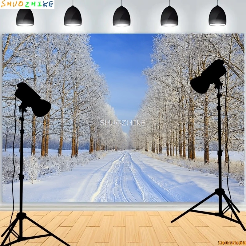 قطرات خلفية للتصوير الفوتوغرافي للغابات الشتوية ، طريق مغطى بالثلوج ، ندف الثلج ، أشجار التنوب ، خلفية الصورة ،