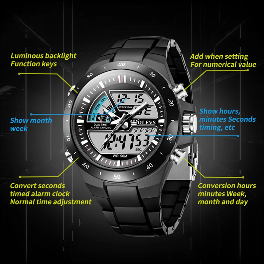 OLEVS 1110 Fashion Men Sports Electronic Watch 2023 New Dual Display LED Waterproof G Luminous Vibration Clock Mens Watches