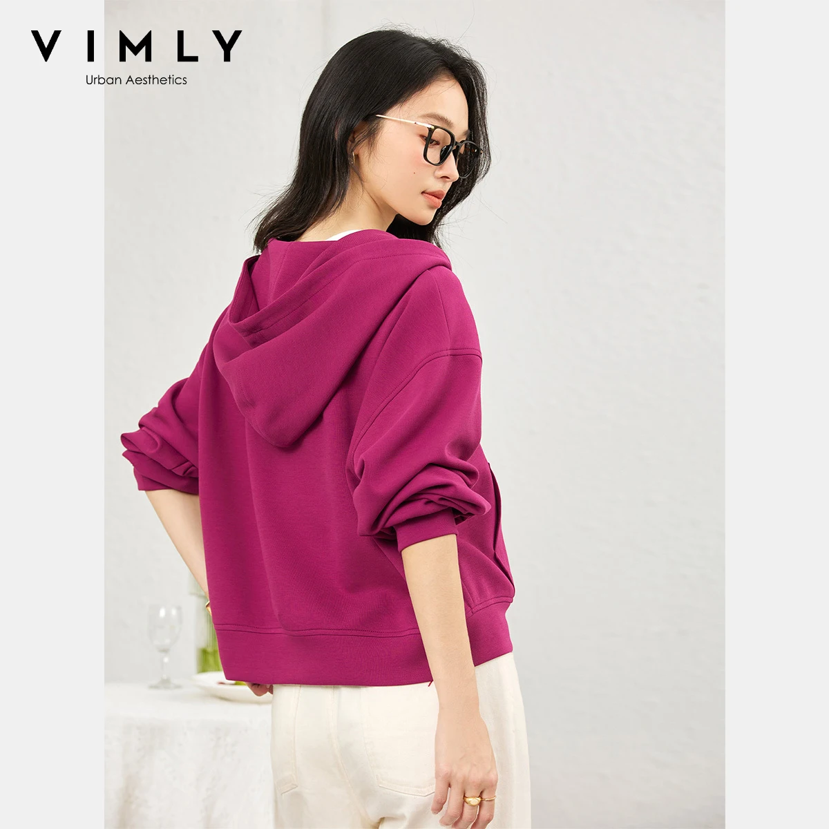 VIMLY Hooded Jacket Woman Sporty Long Sleeve Loose Coats Women's Autumn 2025 Zipper Long Sleeve Embroidered Female Jacket A2056