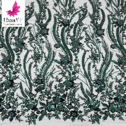 High Quality Gorgeous 3D Embroidered Emerald Green Bead Tulle Lace Sequins Evening Dress Fabric for Women 5 Yards HY2220
