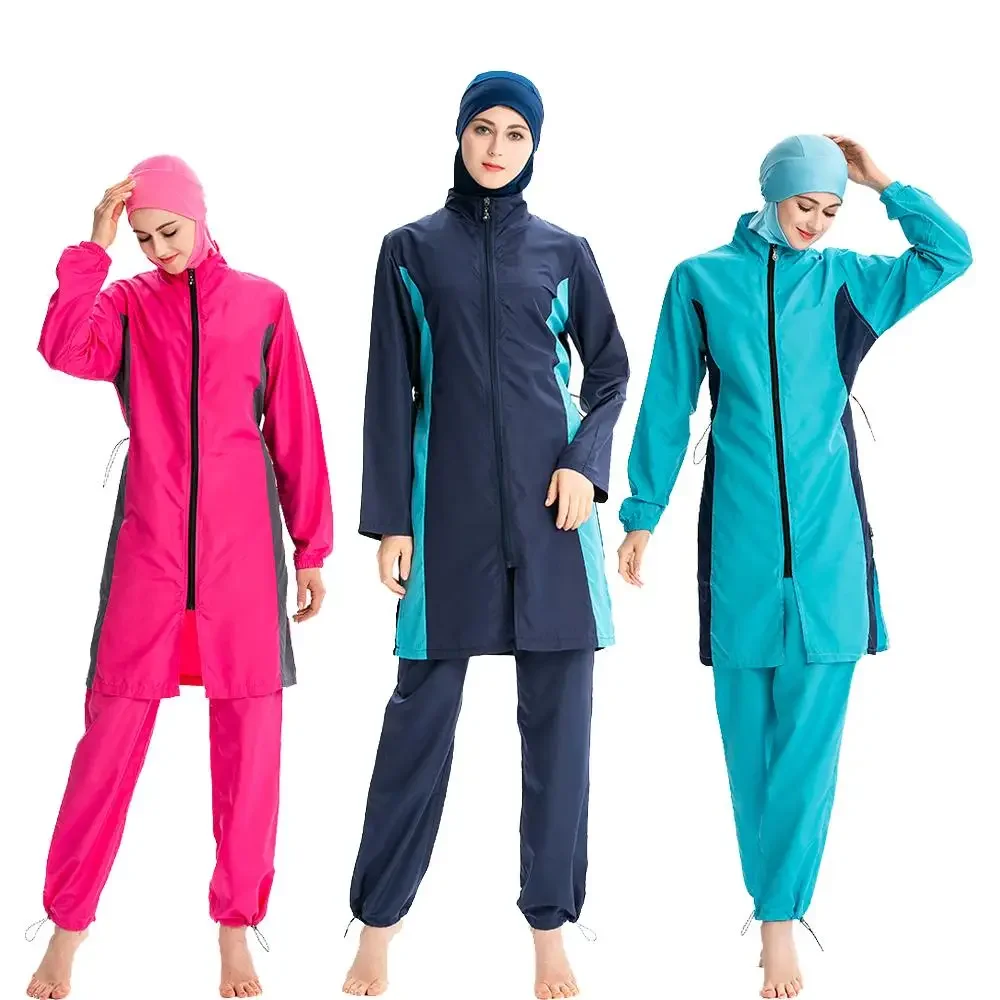 2024 Muslim Women Swimwear Hijab Modest Swimsuit Islamic Full Cover Beachwear Burkini Arab Bathing Suits 3PCS Sets Conservative