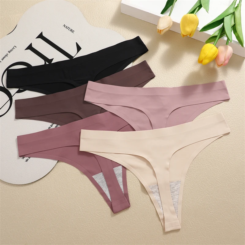 FINETOO 4PCS Ice Silk Seamless Underwear Low Waist Thongs Sexy Solid Color Bikini Underpants Female Stretch Intimates Lingerie