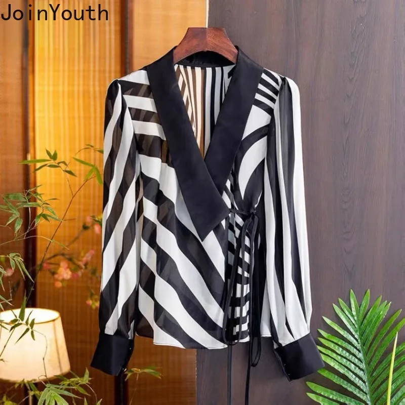 Korean Blouse Women 2024 Camisas De Mujer Long Sleeve Bandage Shirts Fashion Summer Vintage Tunic Striped Blouses Tops Female