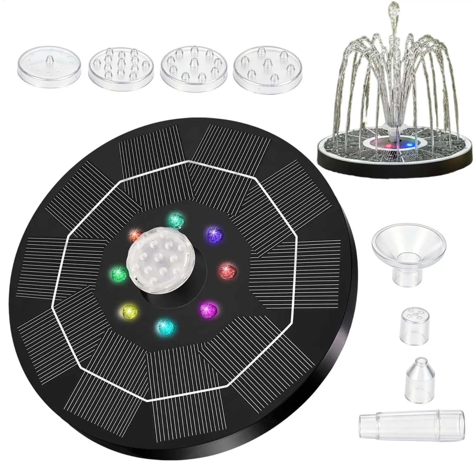 Solar-powered bird bath fountain with Colorful LED Lights 6 Nozzles  6.3-inch RGB floating Water Fountain 1500mAh Outdoor