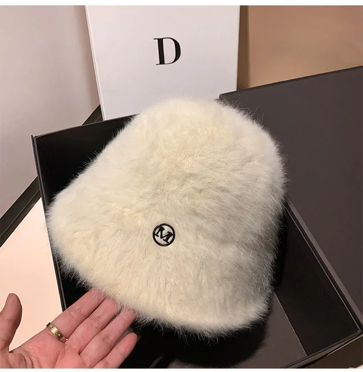 Korea Designer M Eimer Hut Frau Warme Plüsch Angola Kaninchen Fell Hut Dame Herbst Winter Ins Mode Becken Hut Retro Flauschigen Panama – Detail 11