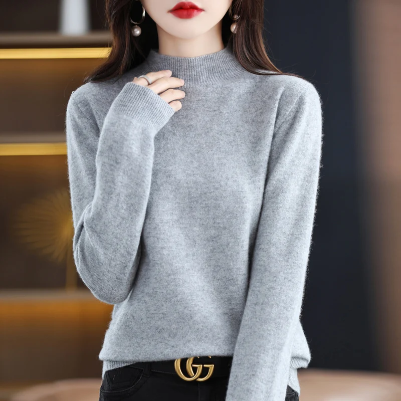 

Autumn And Winter Women's Semi High Neck Wool Sweater, Skin Friendly And Warm. Simple And Stylish, Solid Color bottom Shirt