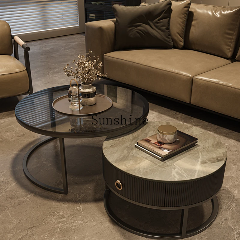 

Light luxury modern simple Italian glass child and mother round combination small apartment gray rock slab coffee table