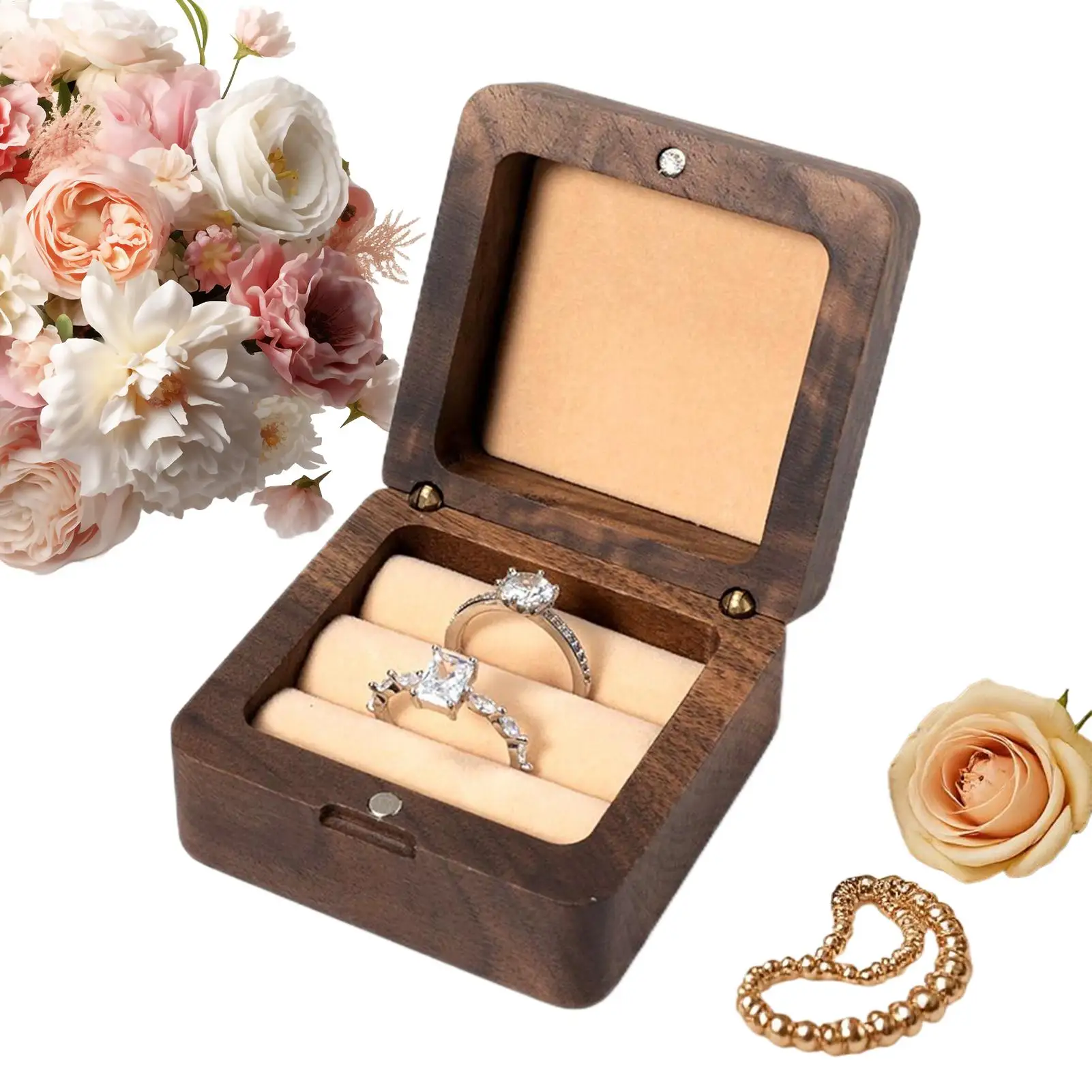 

Wood Double Slots Ring Jewelry Box Earring Rings Organizer Box Gift Package Case Portable Jewelry Organizer Wedding Ring Box