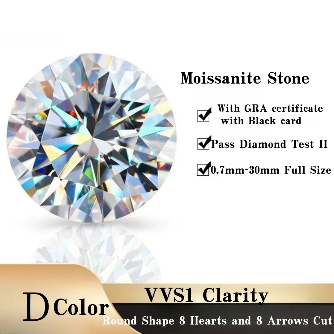 

Top Sparking Moissanite GemStone Round shape Full Size 0.7~30mm White D Color VVS1 Loose Moissanite Stone With GRA For Jewelry
