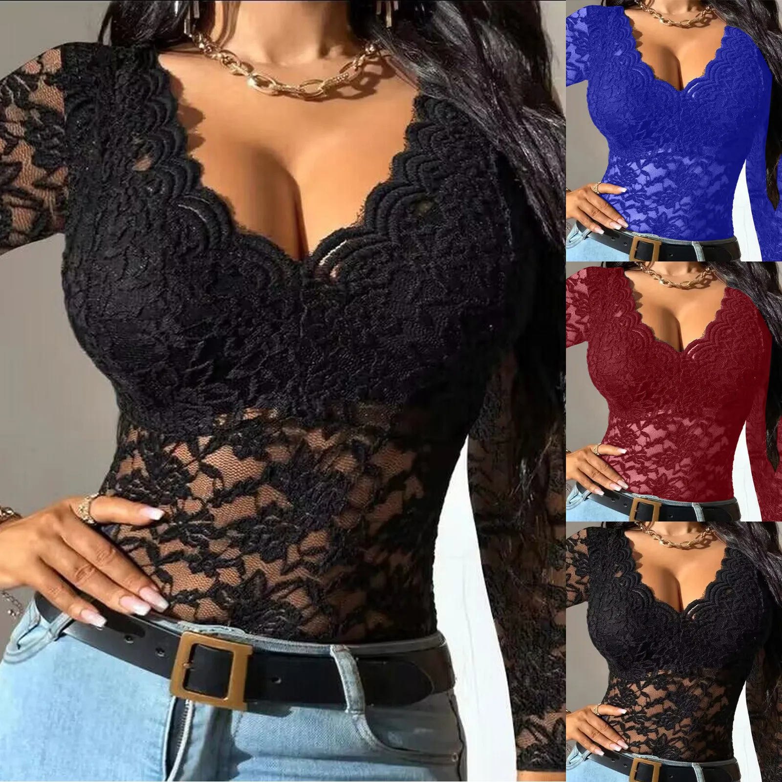 New Women Slim Tunic Lace V Neck T-shirt 2023 Sexy Elegant Summer Long Sleeve Flower Embroidery See-through Shirt Tops Blouse